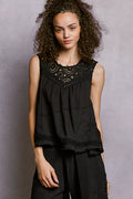 Round Neck Sleeveless Top with Crochet Contrast