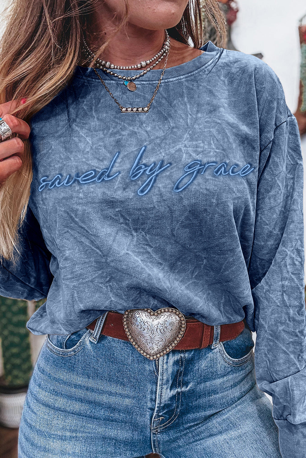 Real Teal saved by grace Letter Embroidery Mineral Wash Loose Sweatshirt