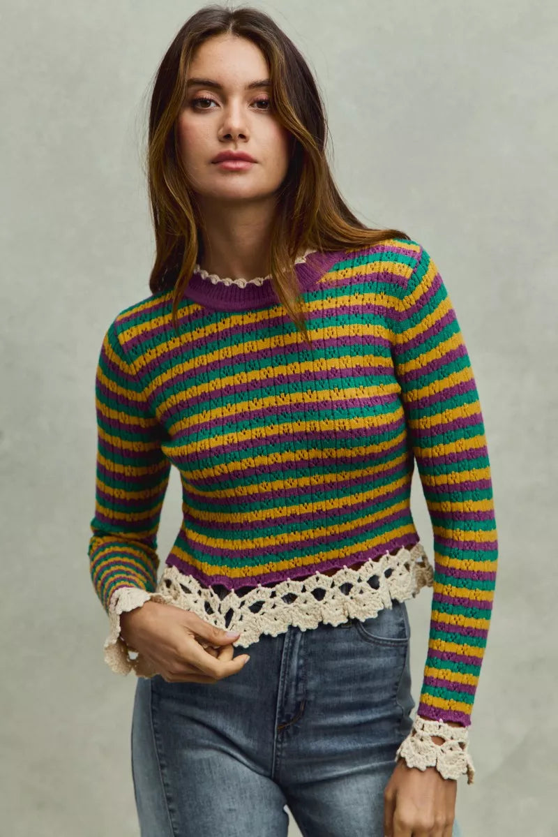 Mardi Gras Striped Cropped Knit Top with Crochet Edge