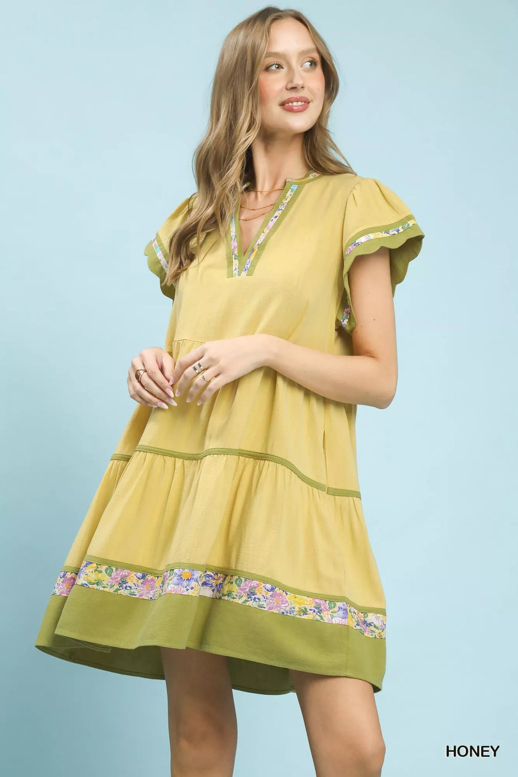 Linen Tiered Flutter Sleeve Dress with Floral Trim