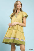 Linen Tiered Flutter Sleeve Dress with Floral Trim