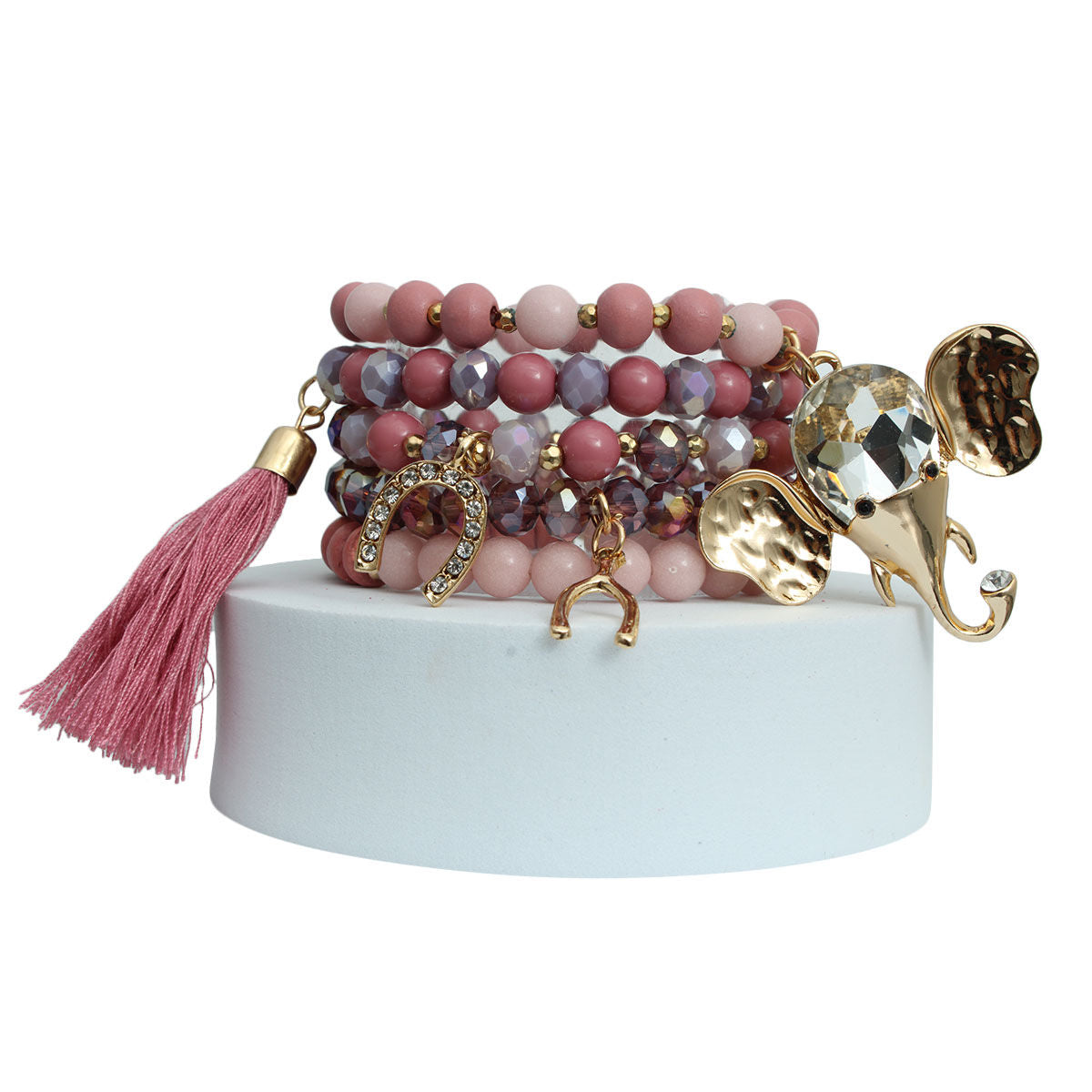 Charm Bracelet with Mauve Bead and Elephant Detail, Stylish Jewelry Accessory