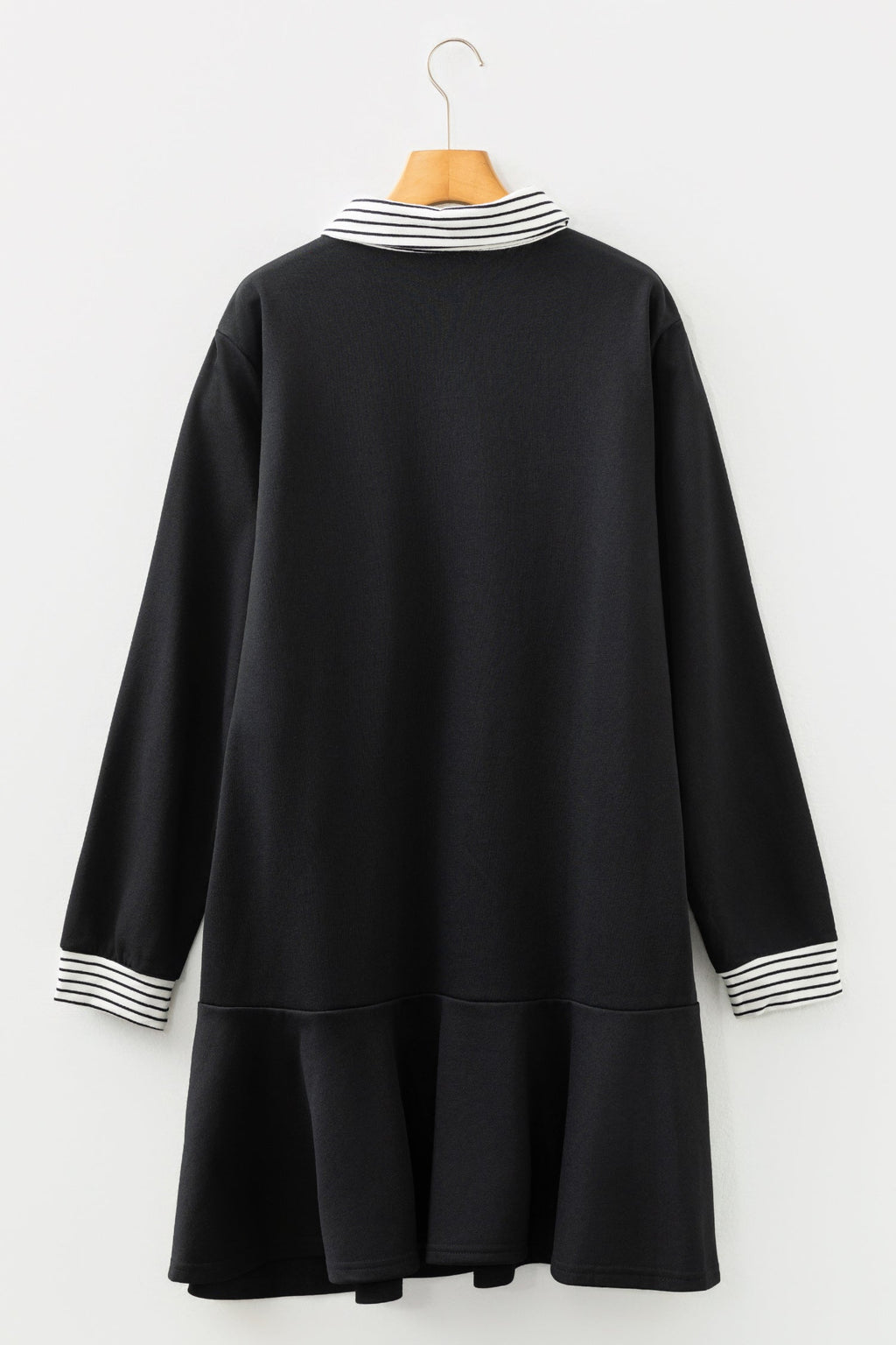 Black Plus Size Striped Cuffs Polo Collar Patchwork Long Sleeve Ruffle Hem Dress