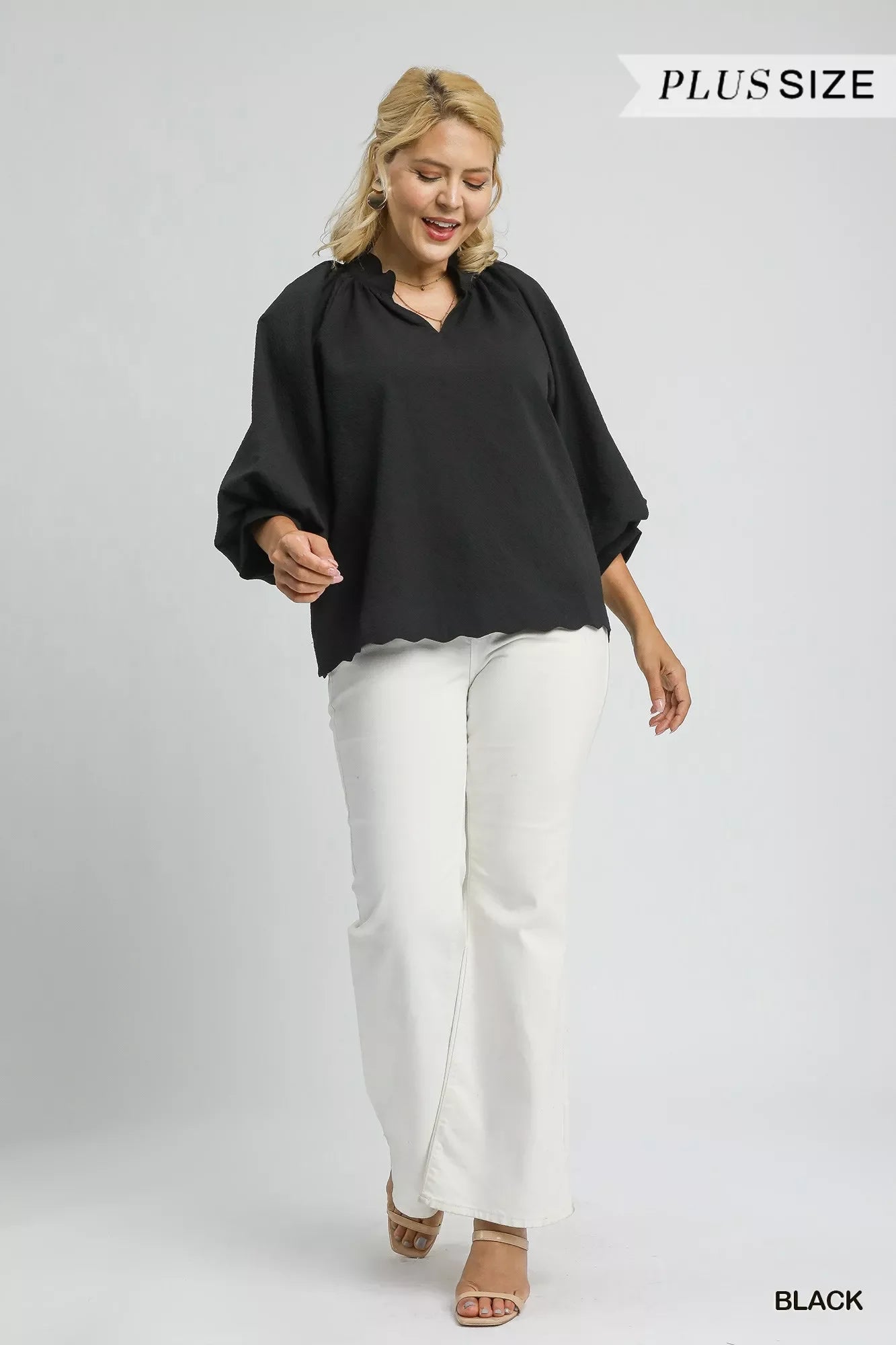 Full Size Textured Notched Balloon Sleeve Blouse Plus Size