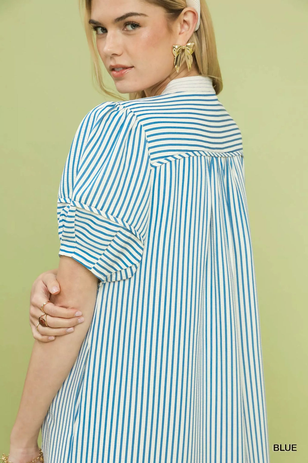 Pinstripe Shift Dress with Contrast Trim