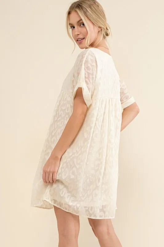 Woven Leopard Baby Doll Roll-Sleeve Casual Dress