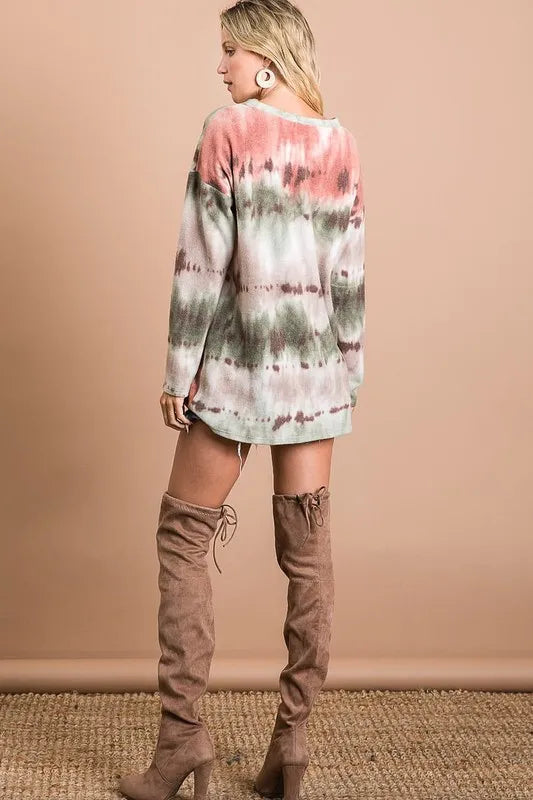 Brushed Tie Dye Looking Print V Neck Top