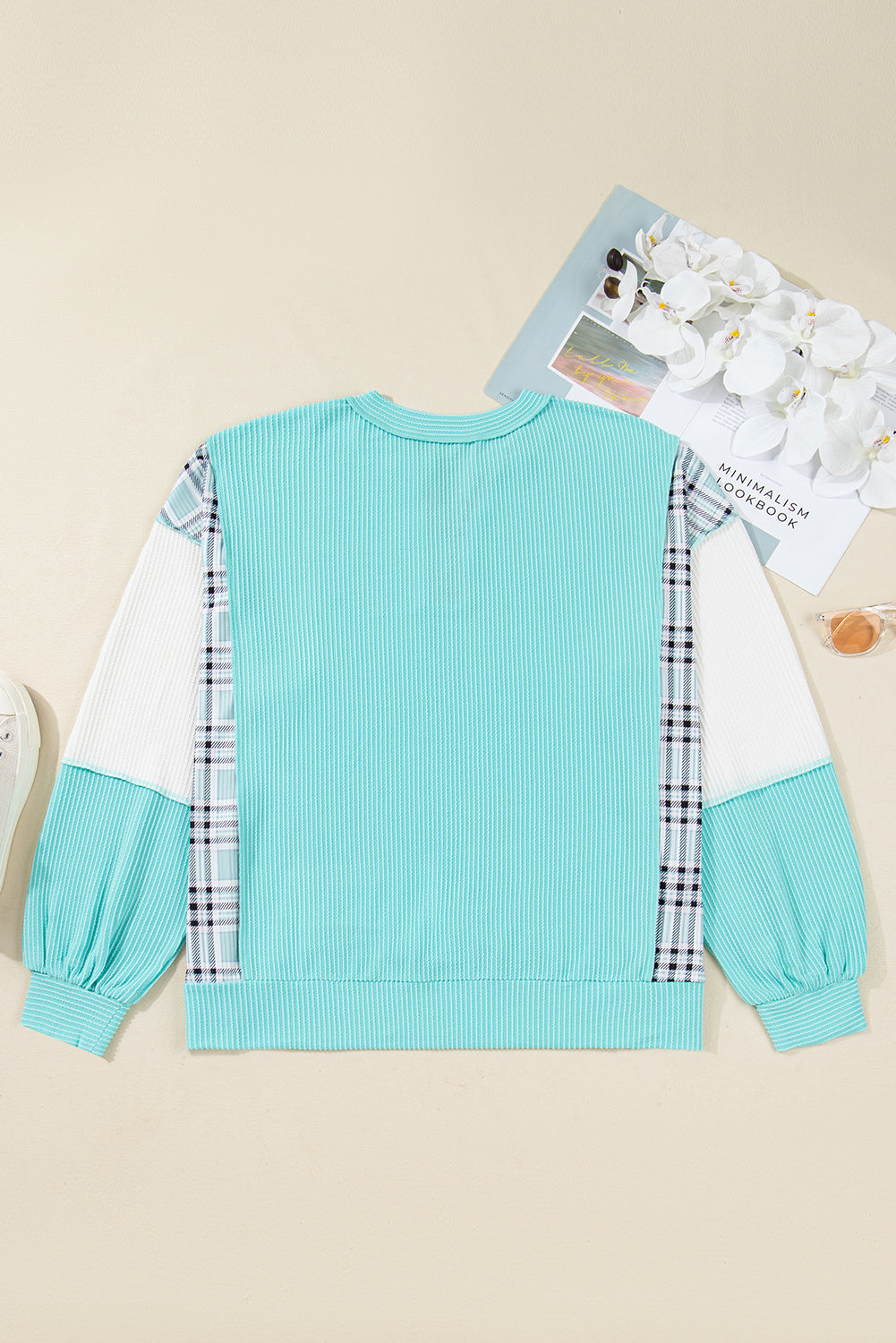 Twist Ribbed Color Block Plaid Patchwork Plus Size Long Sleeve Top