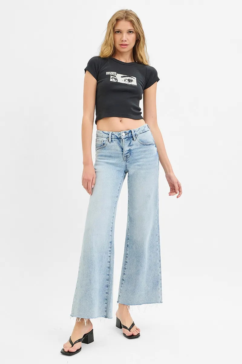 Full Size Tummy Control Low Rise Wide Leg Raw Cut Hem Jeans Plus Size