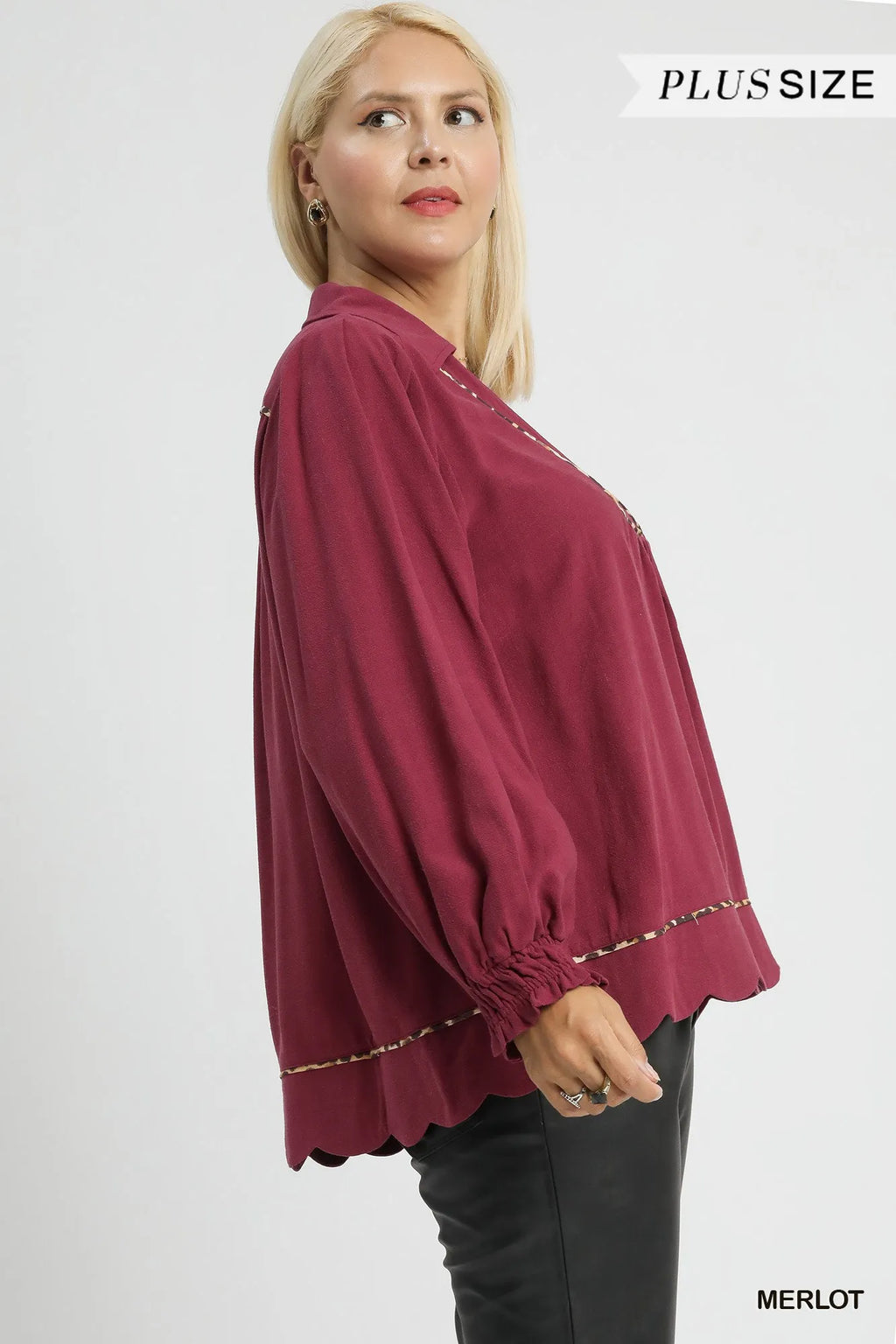 Full Size Linen Scallop Hem Blouse with Contrast Trim Plus Size