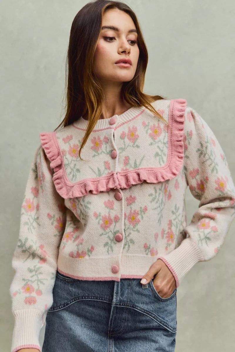 Flower With Ruffle Detailing Sweater Cardigan