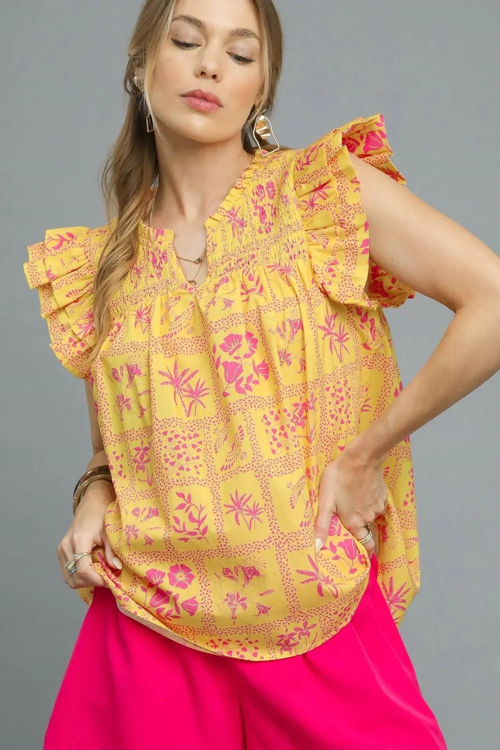 Printed Ruffle Cap Sleeve Blouse
