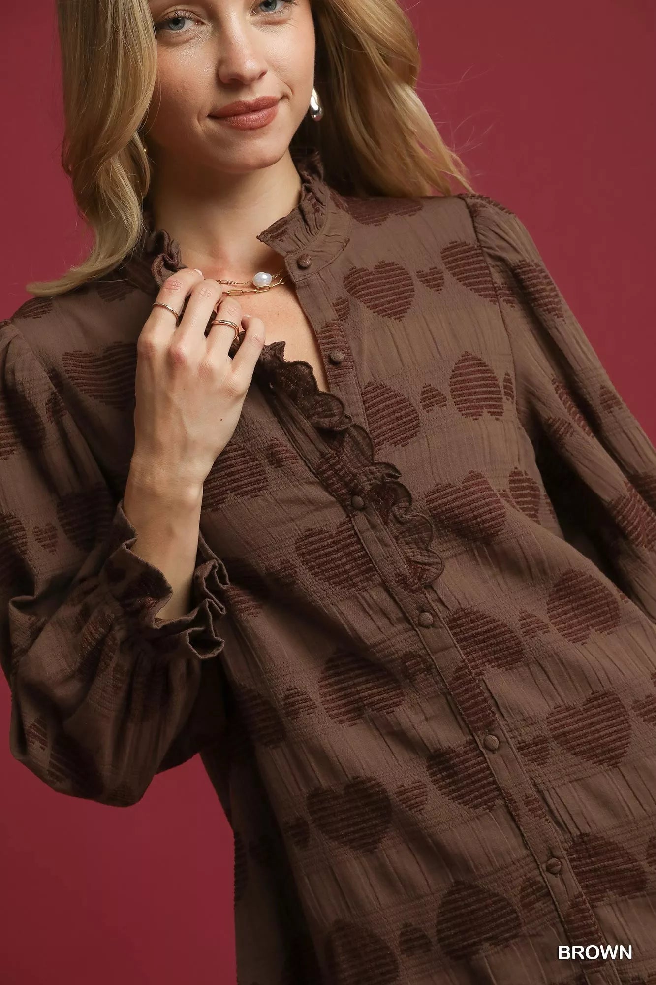 Heart Jacquard Ruffle Trim Shirt