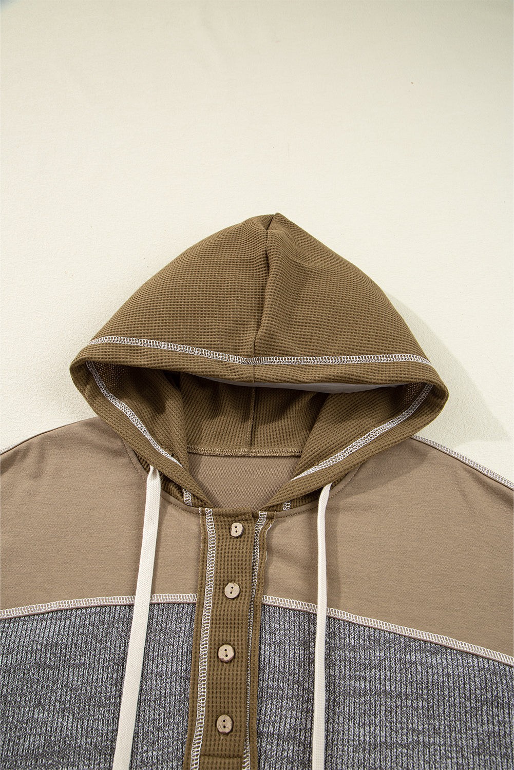 Jungle Green Mixed Texture Patchwork Exposed Seam Half Button Pullover Hooded Sweatshirt