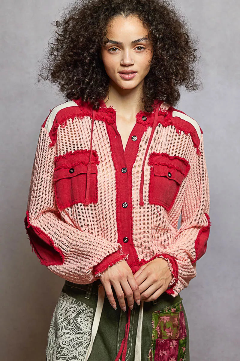 Texture Woven Button Down Hooded Shirt with Drawstring Hem