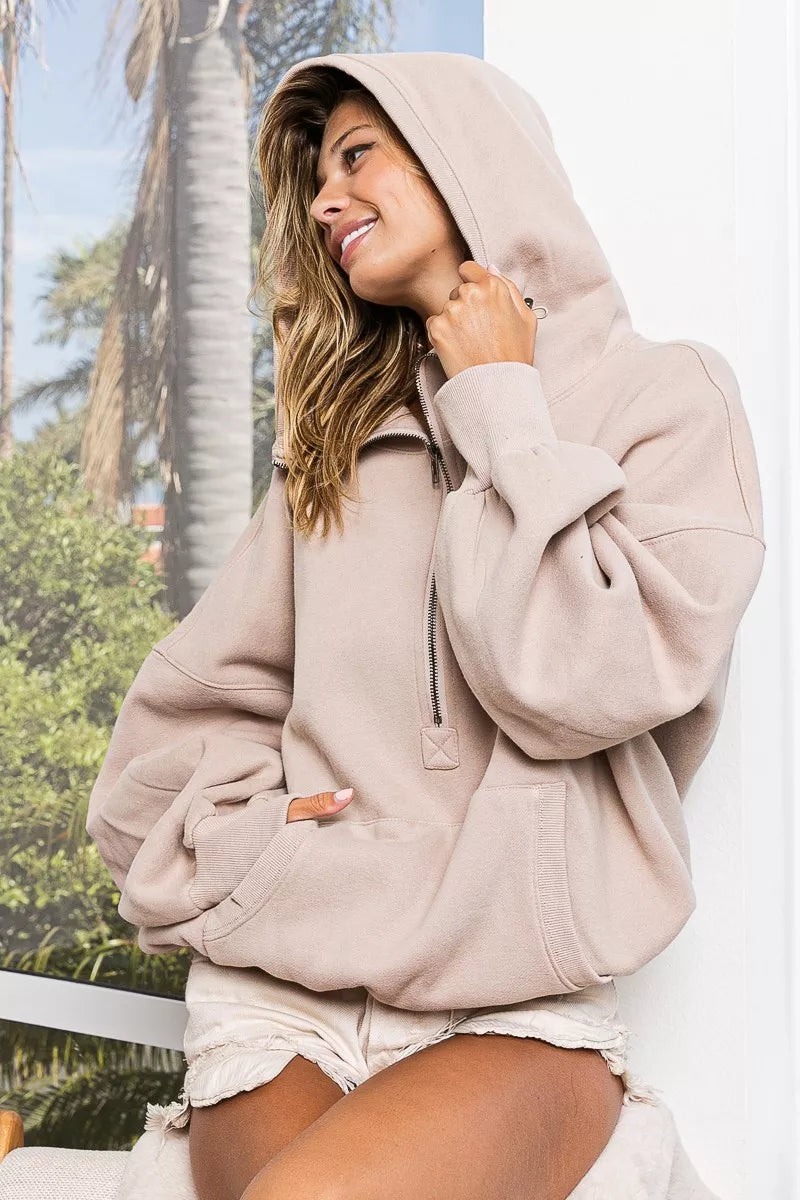 Stitch Detailed Elastic Hem Half Zip Fleece Hoodie