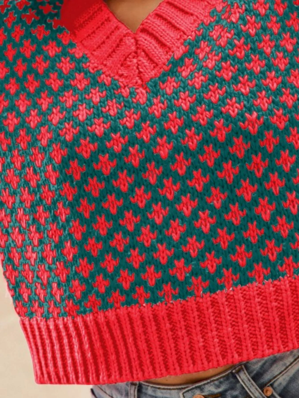 Color Block Textured Christmas Sweater V Neck Top