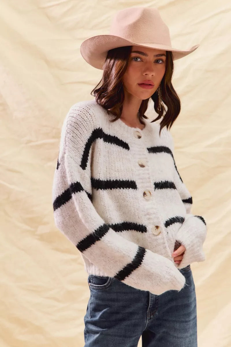 Stripe Soft Touch Button Cozy Sweater Cardigan