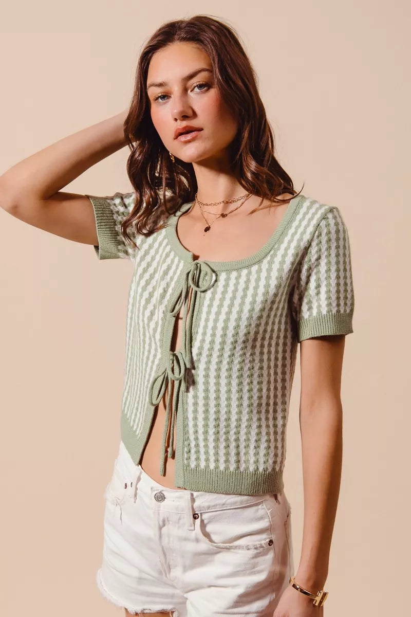 Tie Front Textured Vertical Stripe Knit Cardigan