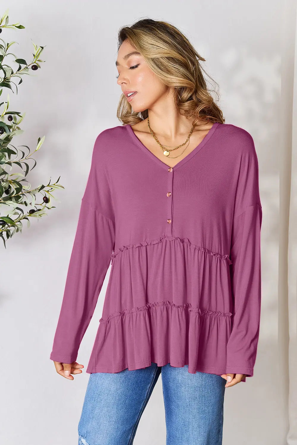 I am a Fashion Junky Take Half Button Long Sleeve Ruffle Hem Blouse