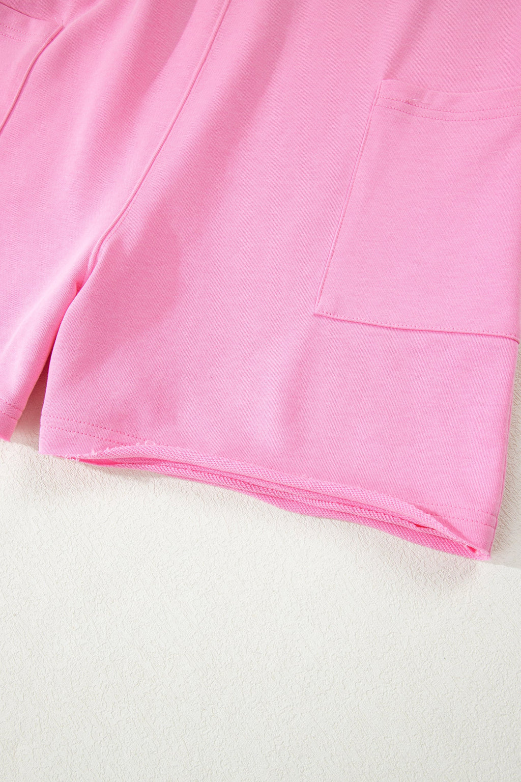 Pink Solid Color Raw Edge Half Sleeve Pocketed Loose Romper