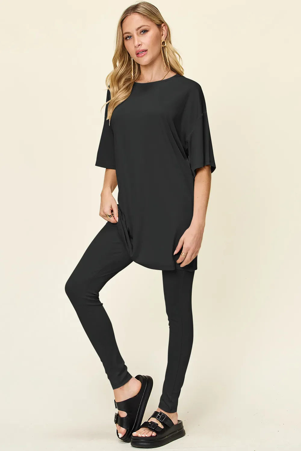 Double Take Full Size Round Neck Dropped Shoulder T-Shirt and Leggings Set