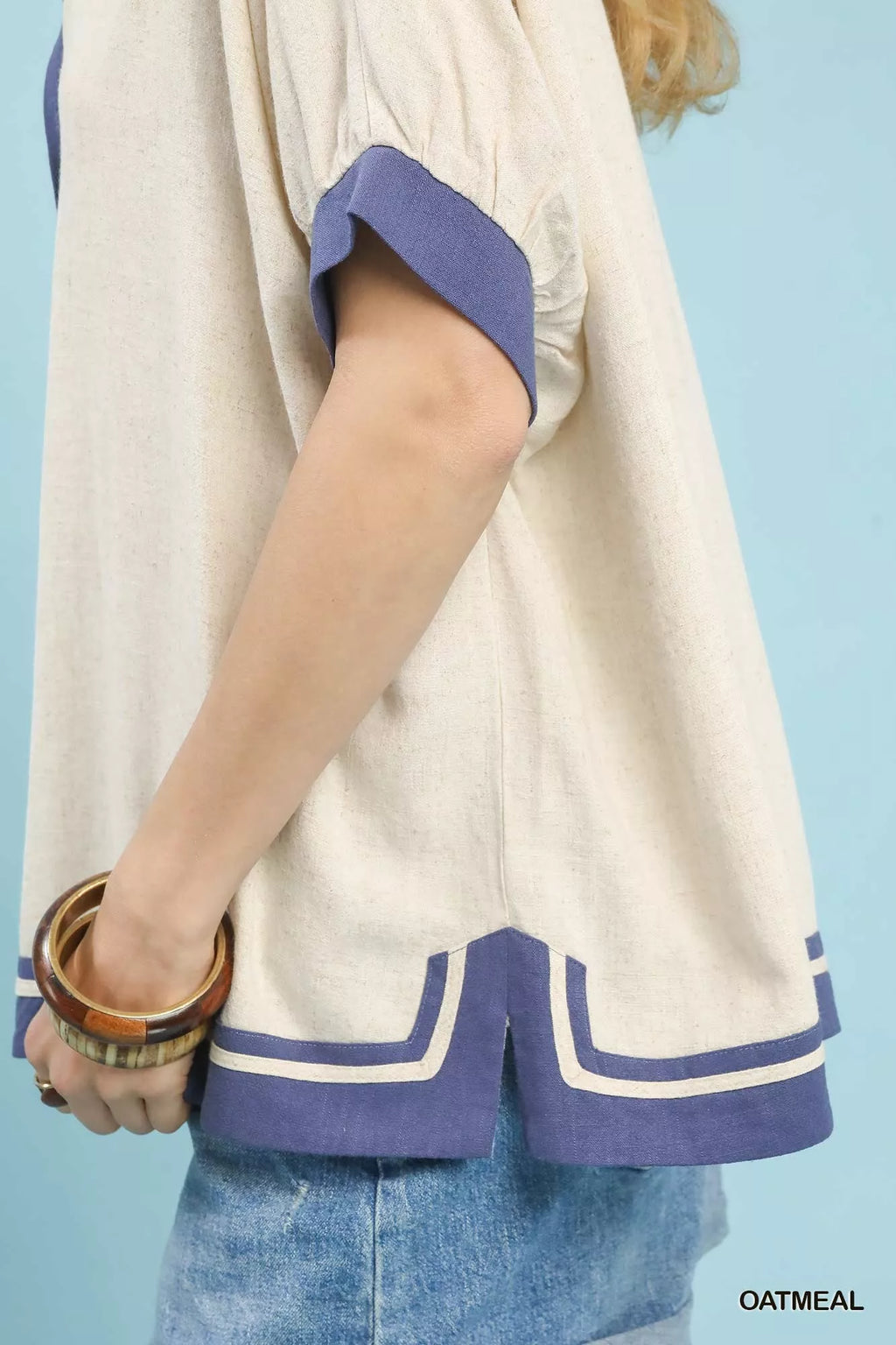 Linen Button Front Top with Contrast Piping