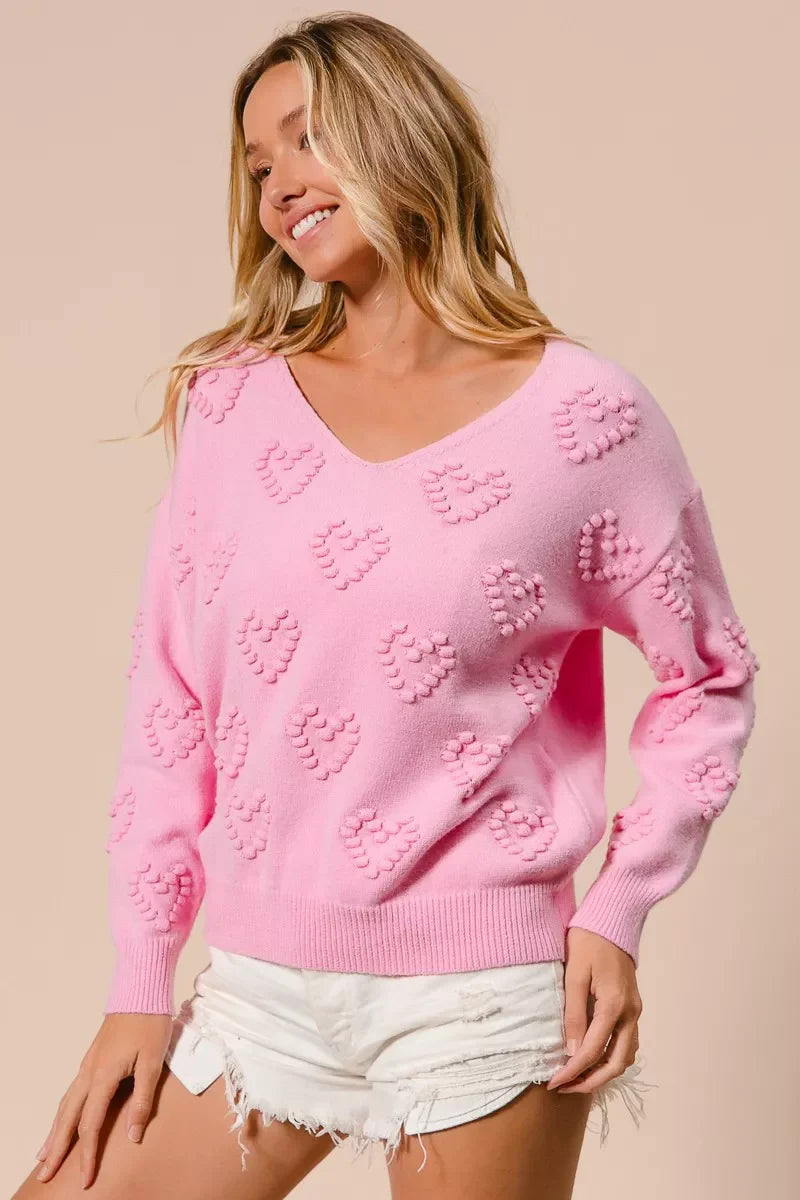 Valentines Heart Pompom V Neck Knit Top