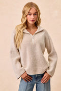 Two Tone Rib Texured Knit Collared Top with Zip Up