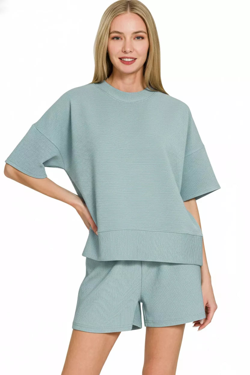 Ribbed Round Neck Waist Banded Tee & Shorts Set