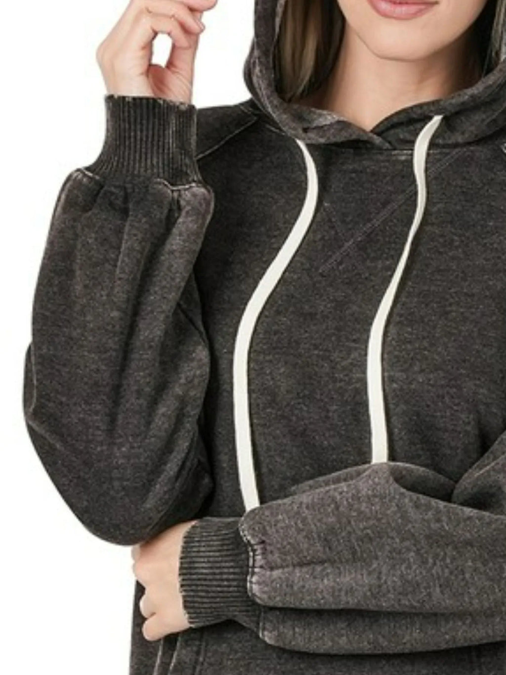 Acid Wash Fleece Hoodie with Drawstring