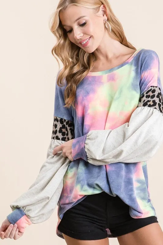 Tie Dye Terry Top with Contrast Puff Sleeves