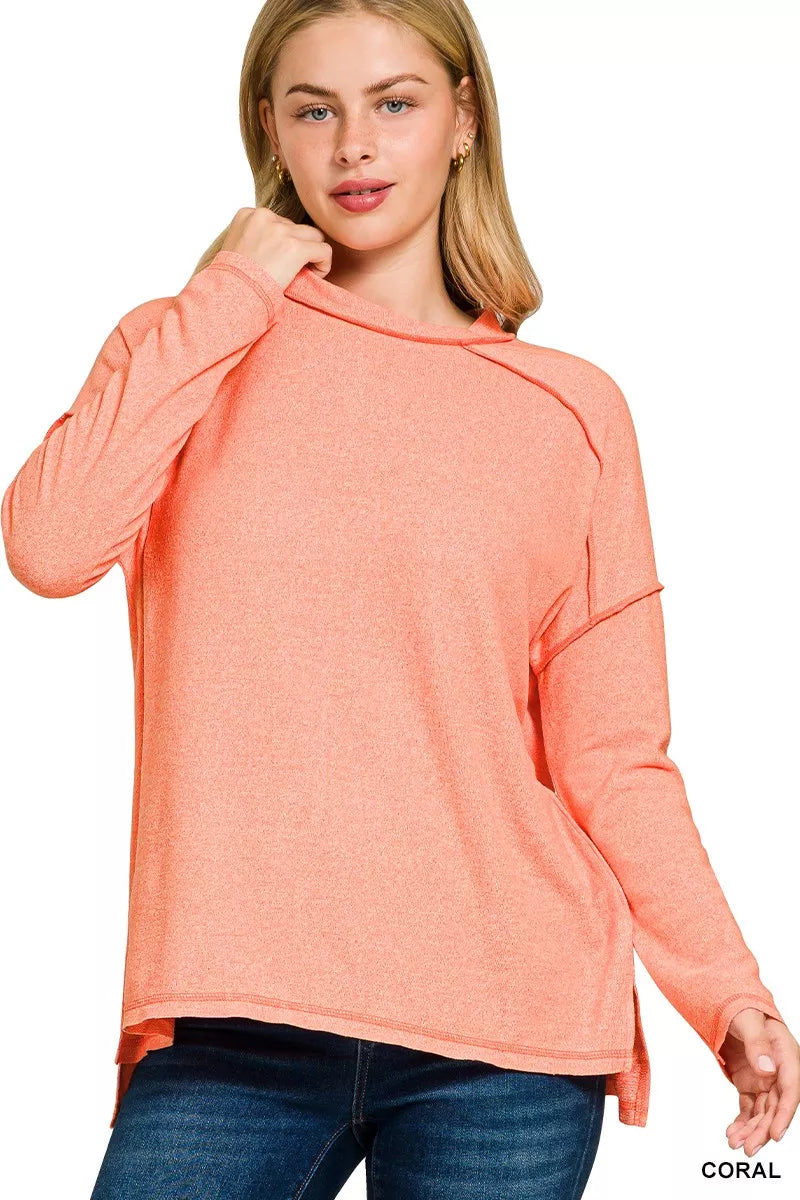 Full Size Melange Hacci Exposed Seam Hi-low Tee Plus Size
