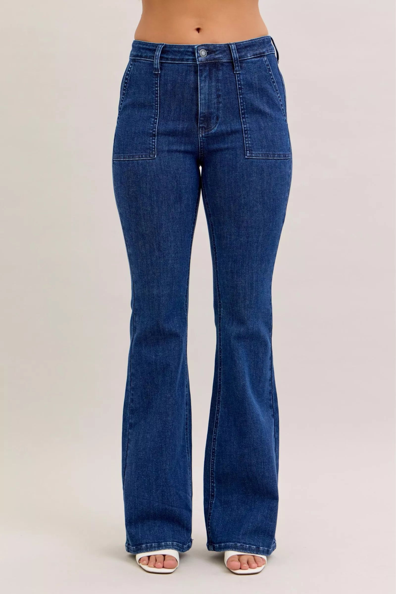 High Waist Flare Jeans with Front Patch Pockets