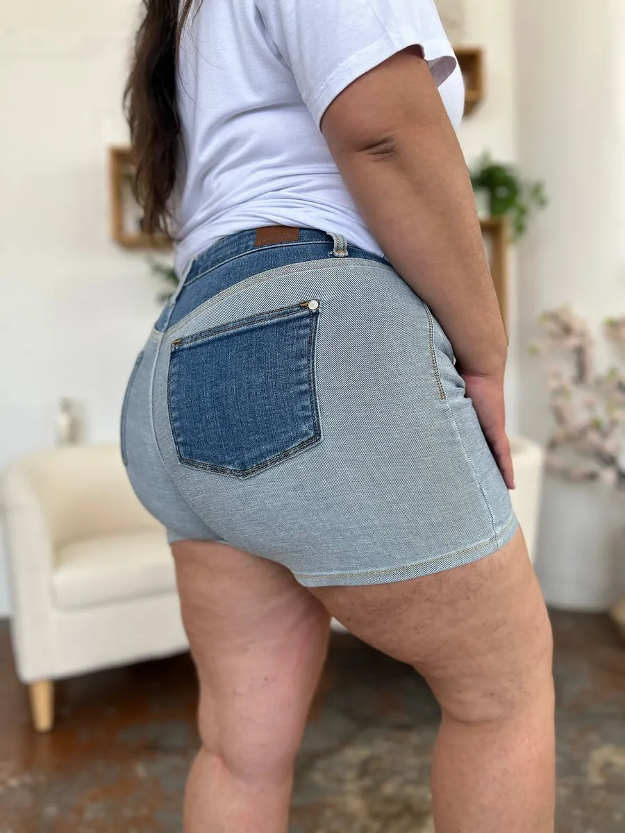 Full Size Color Block Denim Shorts