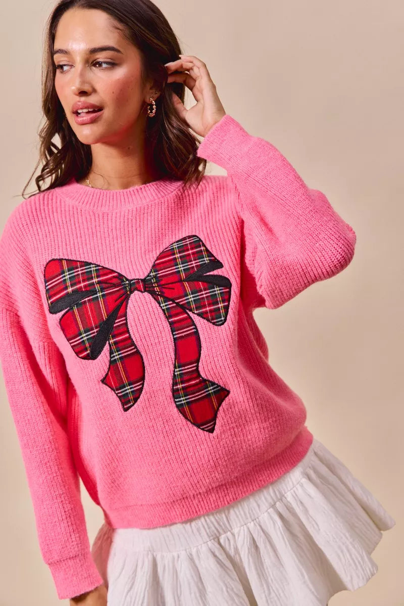 Checker Plaid Ribbon Christmas Holiday Sweater