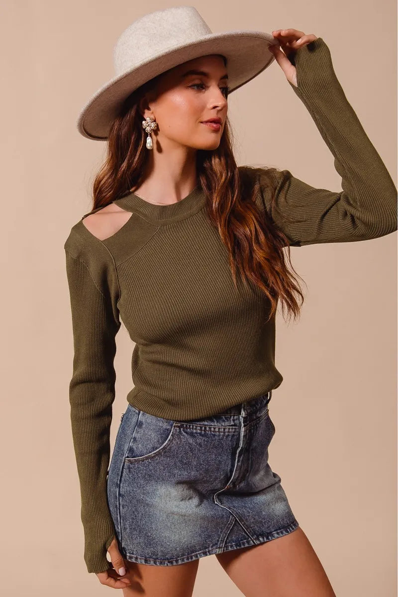 Rib Knit Top with Shoulder Cut Out