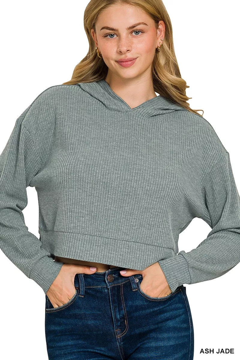 Drop Shoulder Ribbed Crop Hoodie