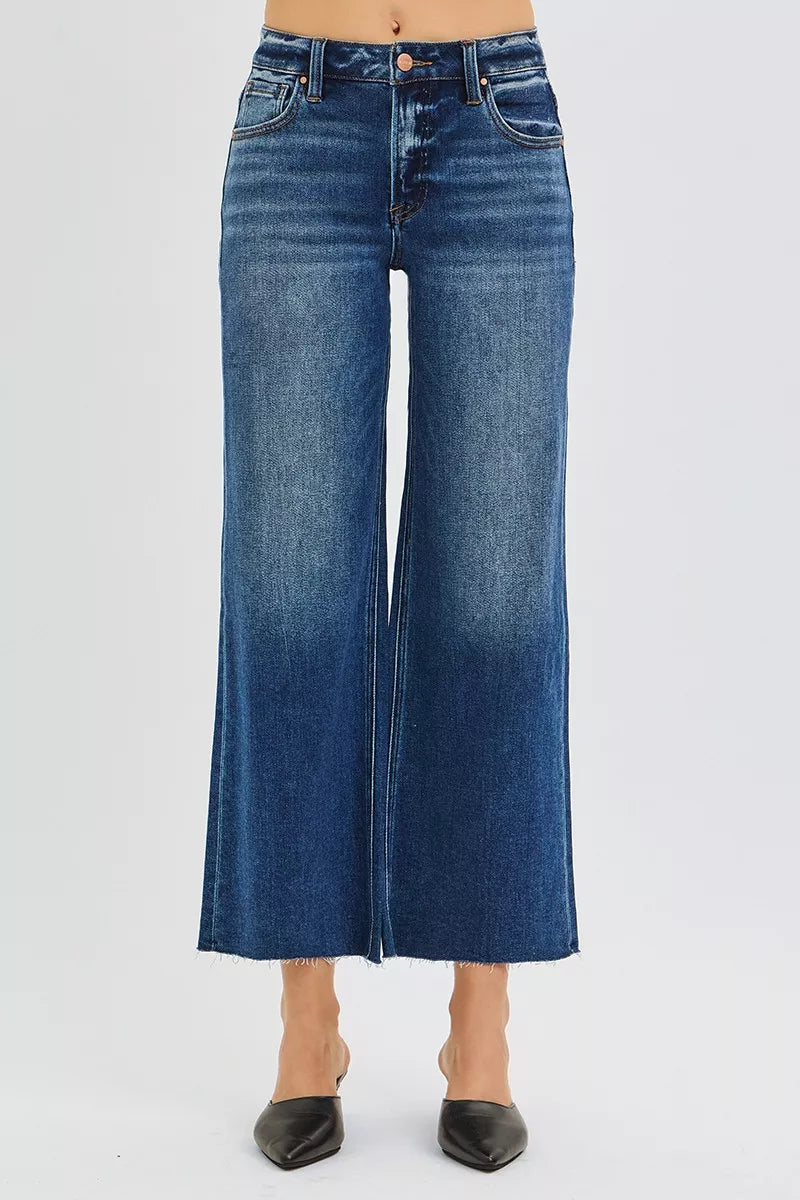 Full Size Mid Rise Crop Wide Raw Cut Hem Jeans Plus Size