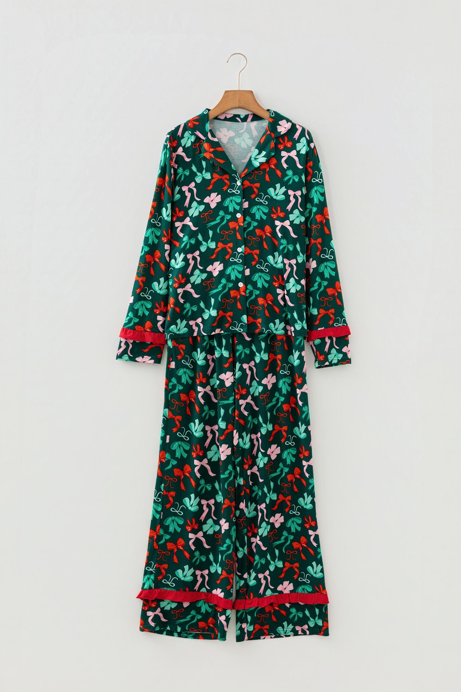 Green Festive Bow Print 2pcs Pajama Pant Set