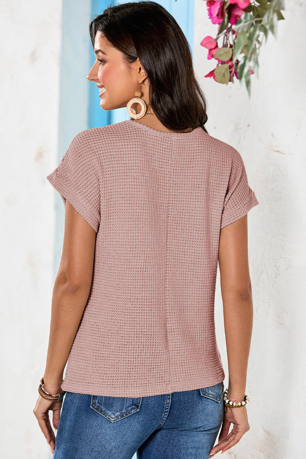 Light Pink Lace Patchwork Waffle Short Sleeve Top
