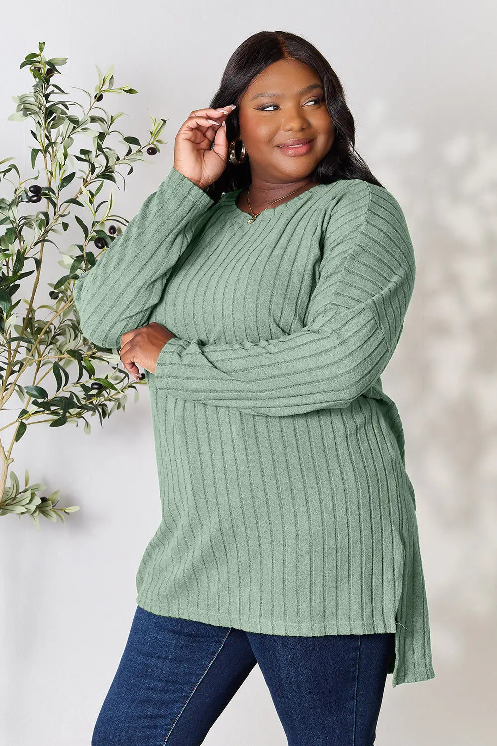 Full Size Ribbed Round Neck Long Sleeve Slit Top