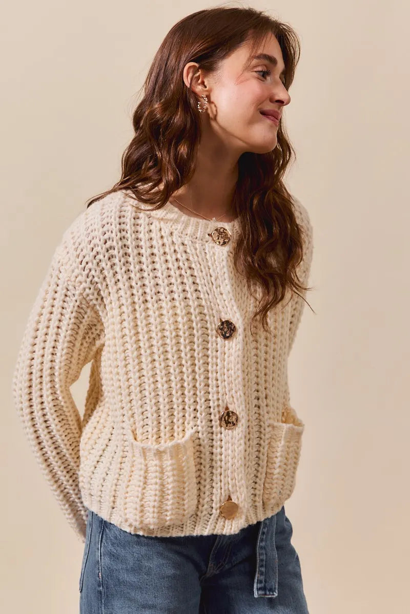 Metal Button Long Sleeve Chunky Sweater Cardigan
