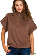 Full Size Scuba High Neck Half Zip Short Sleeve Top Plus Size