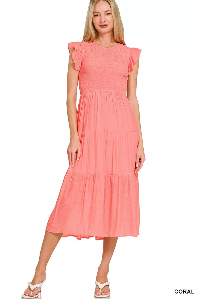 Woven Smocked Ruffle Sleeve Midi Dress