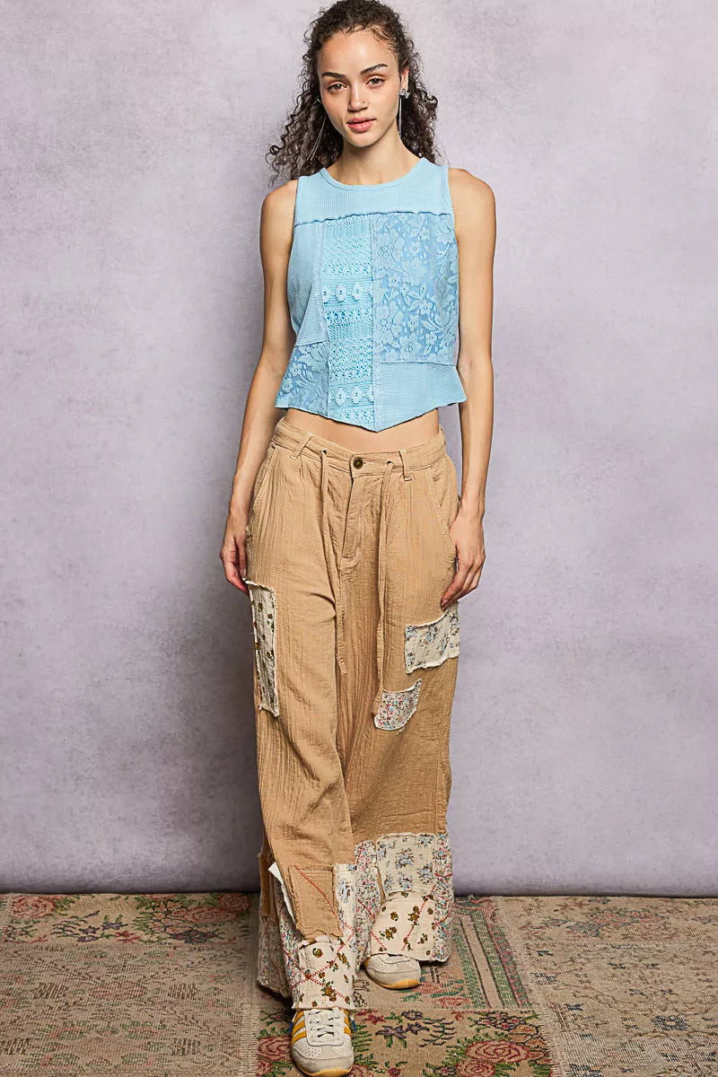 Ribbed Round Neck Cropped Tank with Lace Detail