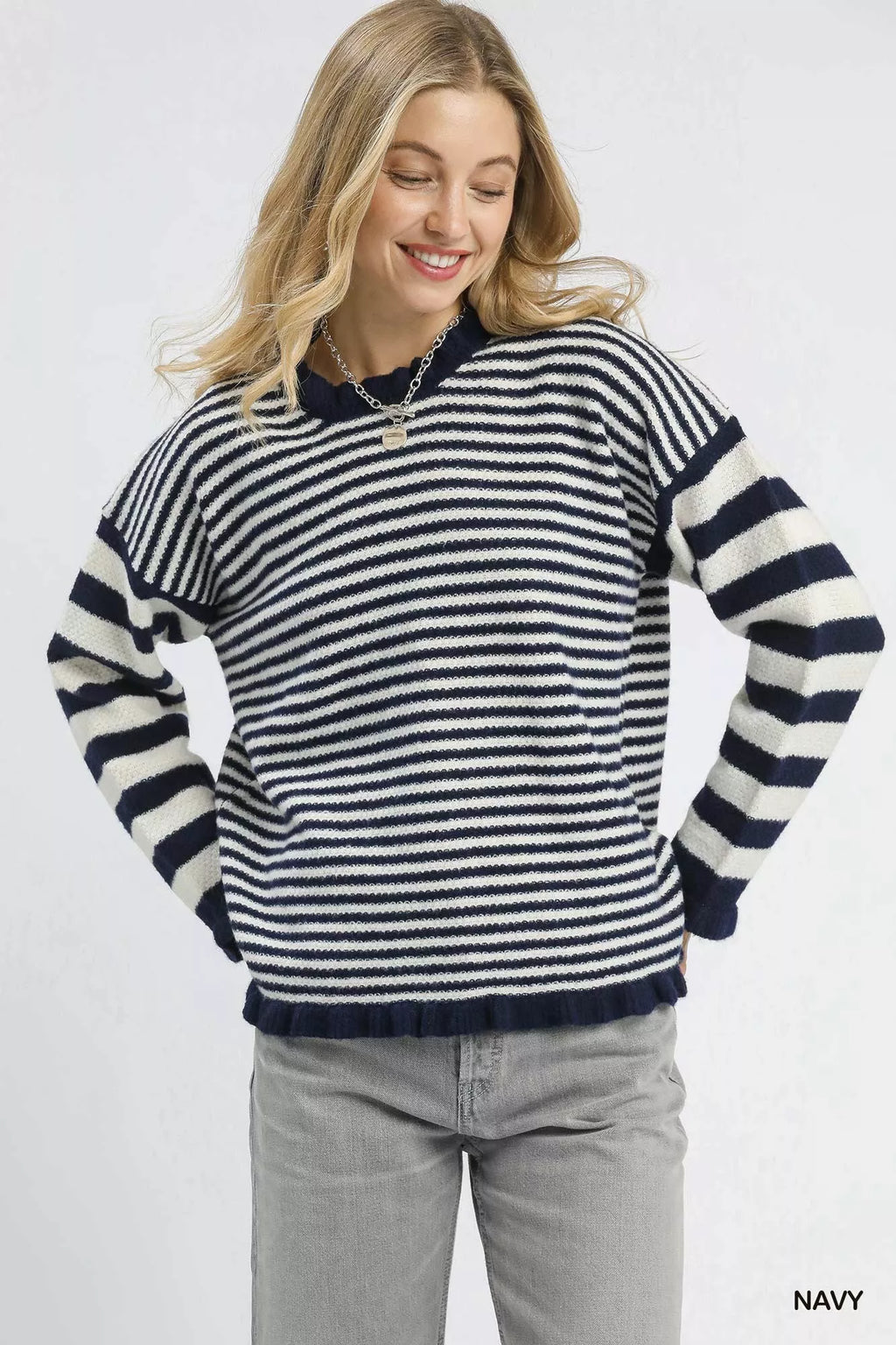 Ruffle Neck Stripe Sweater