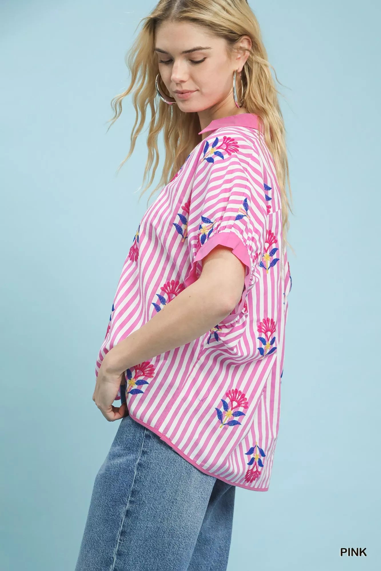Stripe Embroidered Button-Front Boho Blouse