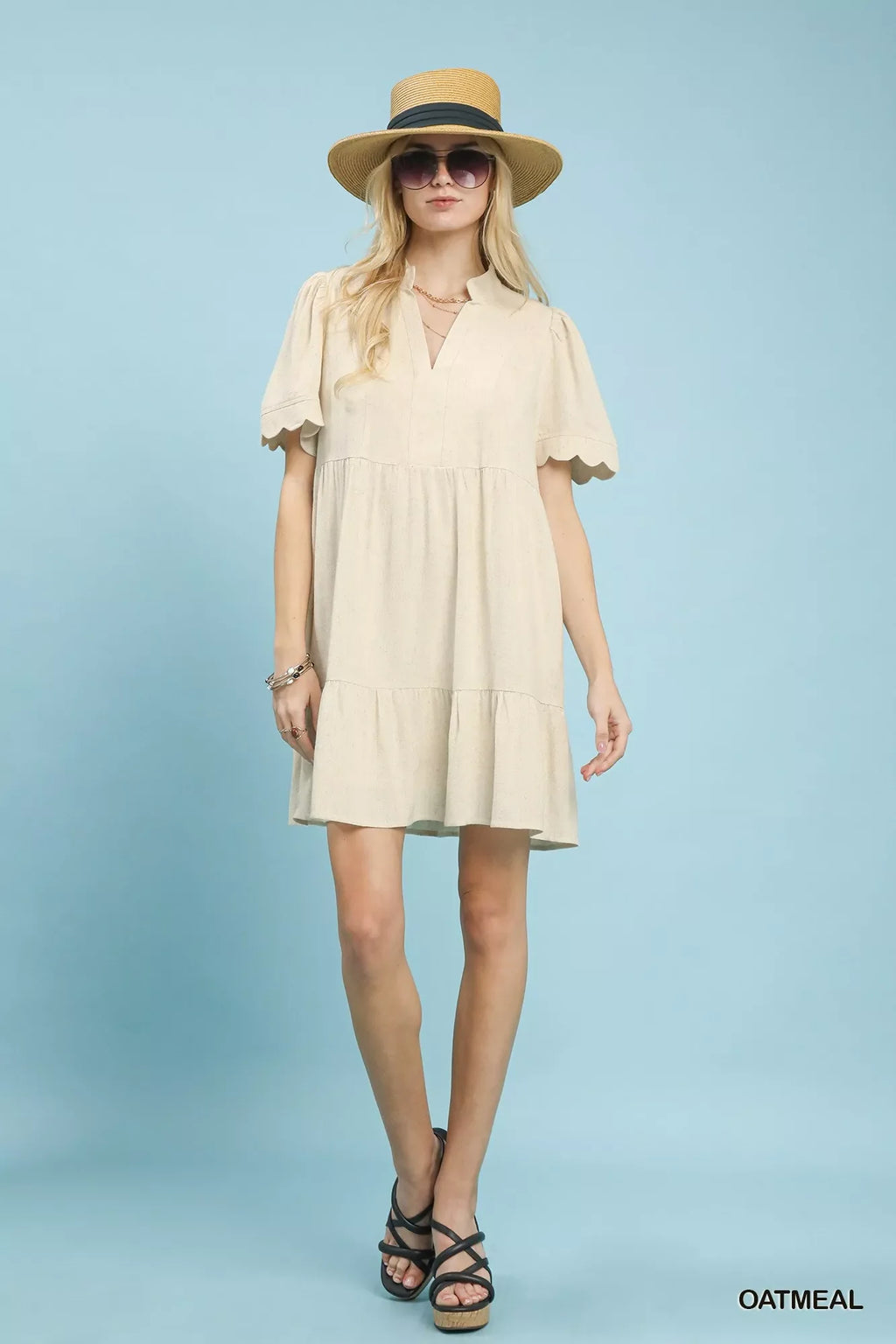 Linen Tiered Babydoll Dress with Scalloped Sleeves