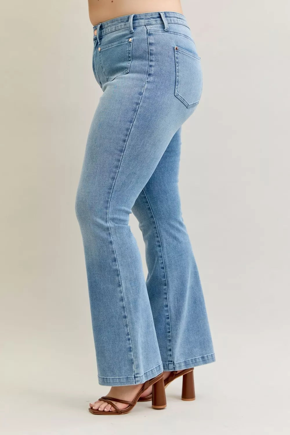 Full Size Mid Rise Bootcut Jeans with Contrast Wash & Front Patch Pockets Plus Size